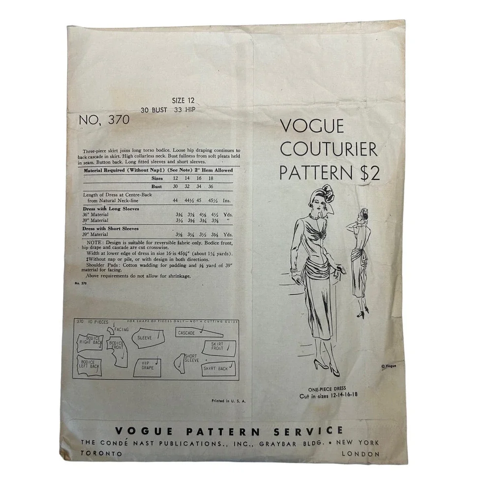 Vogue Couturier Antique 1947‎ Pattern #370 Women's One Piece Dress Size 12 RARE